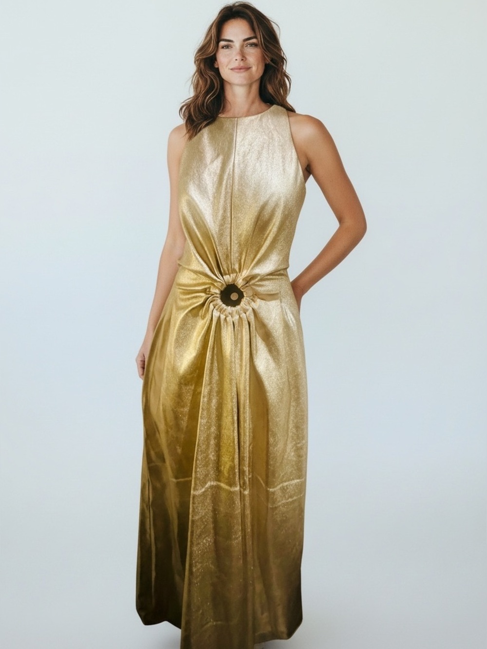 Anthropologie Metallic Gold Sleeveless Maxi Dress with Rosette Waist
